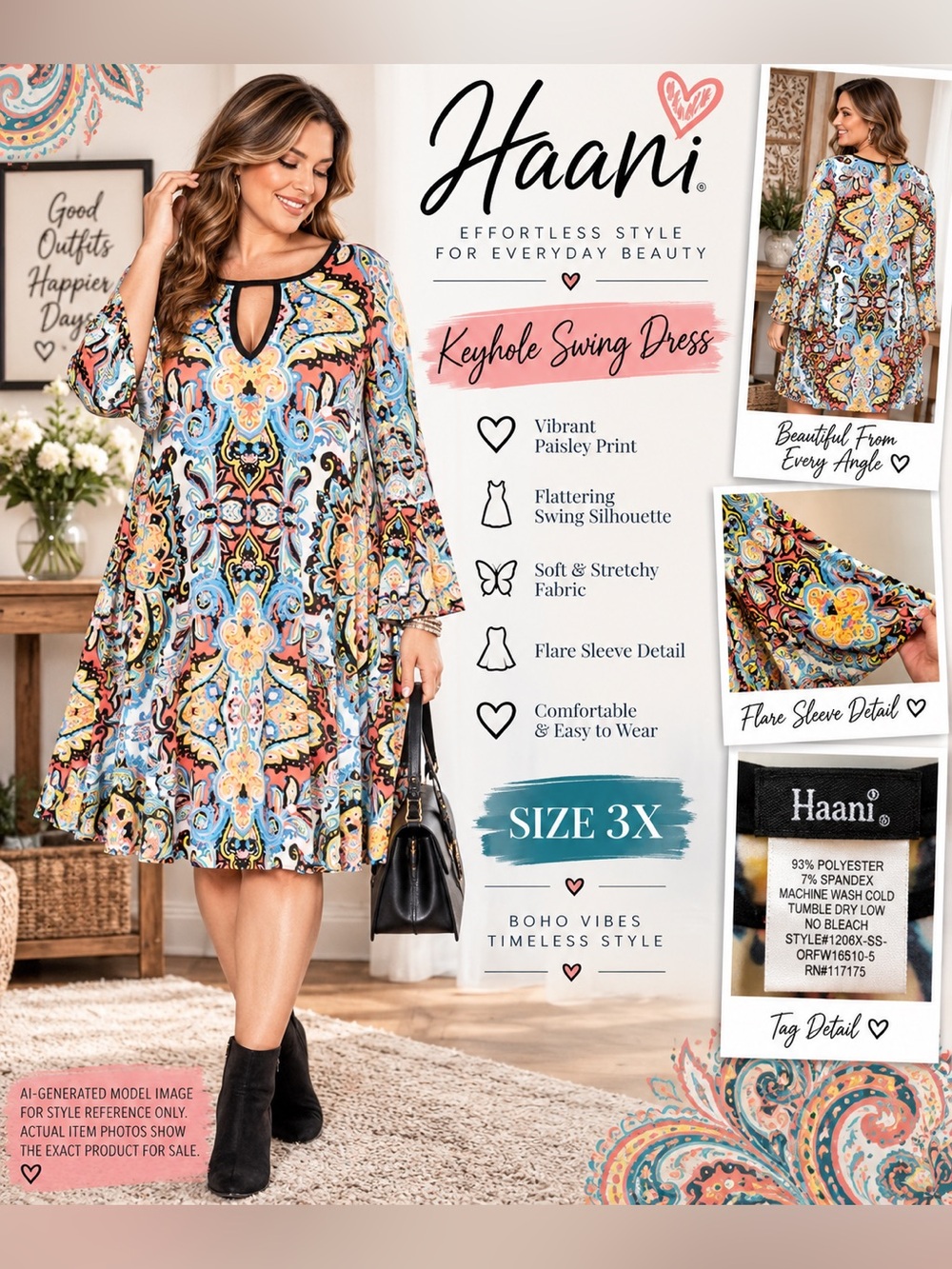 HAANI MULTICOLOR PAISLEY KEYHOLE SWING DRESS • 3X